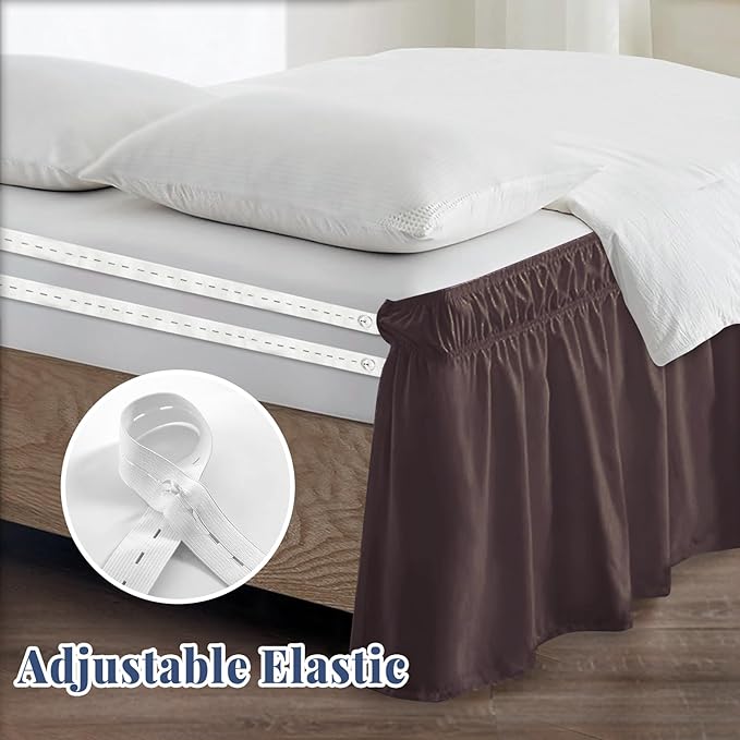 Twin Bed Skirt, Elastic Wrap Around Bed Skirt Twin Size, Bed Skirts for Adjustable Bed, Easy Fit with 18" Drop Length Tailored Drop Dust Ruffle (Brwon)