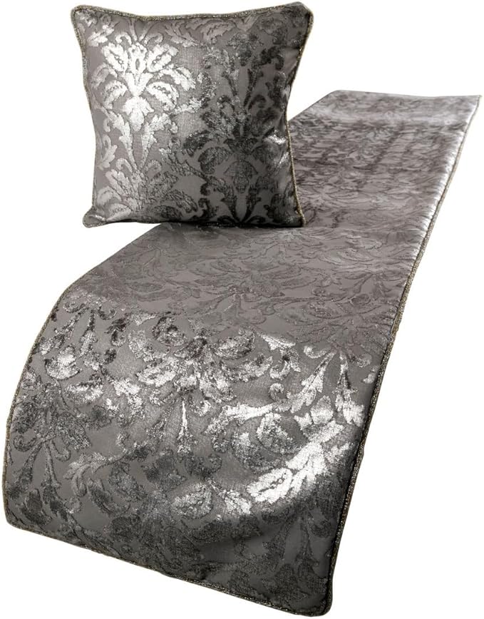 The HomeCentric Silver Bed Runner, CA King Size 86"x18" Decorative Bed Runner with Matching Pillow Cover, Silver & Grey Velvet Bed Scarf in Foil Velvet Bead Border - Silver Glitterati