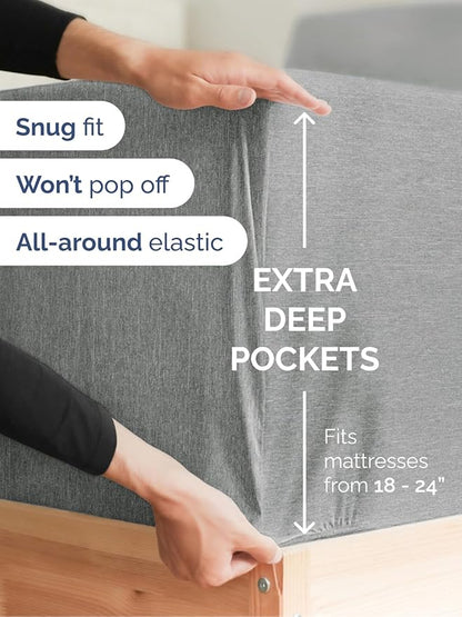 Extra Deep Queen Fitted Sheet - Hotel Luxury Single Fitted Sheet Only - Easily Fits 18 inch to 24 inch Mattress - Ultra Soft, Wrinkle Free w/Extra Deep Pockets - Breathable & Comfy - Heathered Grey