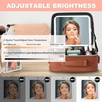 Mocado Travel Makeup Bag with LED Lighted Mirror, Travel Makeup Organizer, Makeup Case with 3 Color Lighted Setting and 10x Magnifying Mirror, Portable Storage and Adjustable Dividers(Orange Brown)