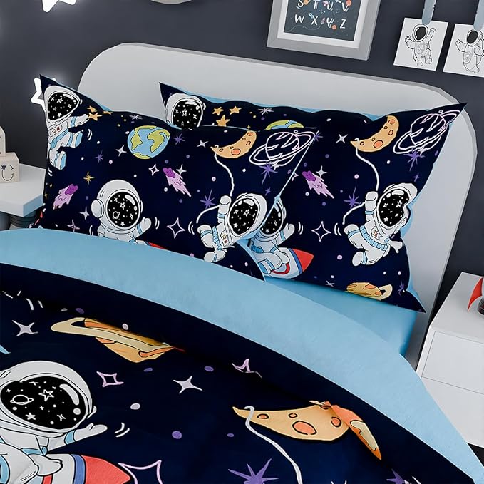 SANDJEST Astronaut Bedding Sets for Boys, Ultra Soft Microfiber Comforter Full Size Set with 4-Pieces, Comforters for Kids Children Boy Bedroom Decor