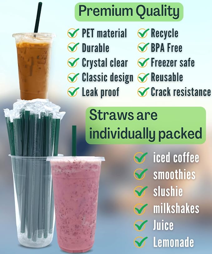 32 oz Clear Plastic Cups with Lids and STRAWS, Disposable Drinking Cups