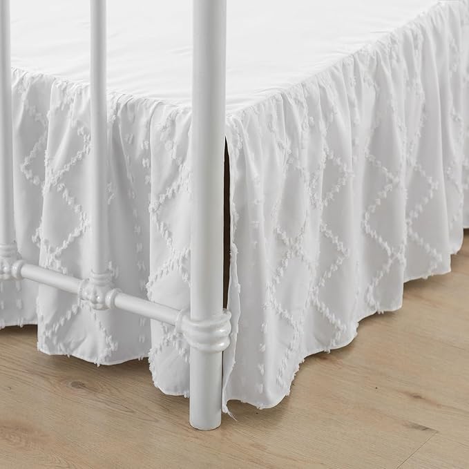 Bed Skirt Full Size Ruffled Bed Skirt with Split Corners, 12 Inch Drop Dust Ruffle Bed Skirts with Platform, Boho Tufted Shabby Chic Full Size Bed Skirts, White