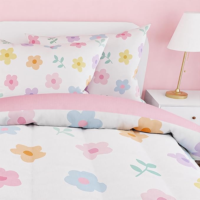 SANDJEST Floral Comforter Set Twin Size 68x86in for Kids Girls, Microfiber 3 Pcs Bedding Set Includes 1 Comforter, 1 Pillowcase, 1 Fitted Sheet, Nursery Room Decor