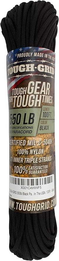 TOUGH-GRID 550 Paracord Rope Nylon Parachute Cord, Made in USA Survival Kit, Outdoor Adventures, Camping, Tactical Gear & Emergency Supplies, Military Type III Mil-Spec