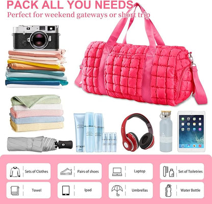 Quilted Travel Duffle Bag Gym Bag for Women,Large Puffer Duffle Weekender Bag with Compartment,Workout Overnight Carry on Organizer Bag Duffle Bag for Airplane Travel(Rosered)