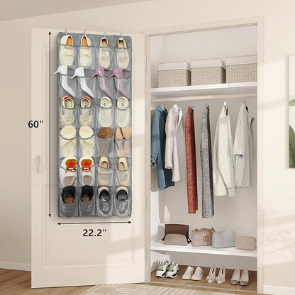 FENTEC 24 Pockets Over the Door Shoe Organizer Hanging Shoe Organizer for Closet, Space Saving Mesh Large Pocket Shoe Storage and Organizer, Shoe Holder for Apartments Garages, Grey 1 Pack