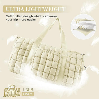 Quilted Travel Duffle Bag Gym Bag for Women,Large Puffer Duffle Weekender Bag with Compartment,Workout Overnight Carry on Organizer Bag Duffle Bag for Airplane Travel(Off-white)