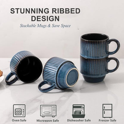 Hasense Navy Coffee Mugs Porcelain Set of 4 - 12 oz Stackable Coffee Cups