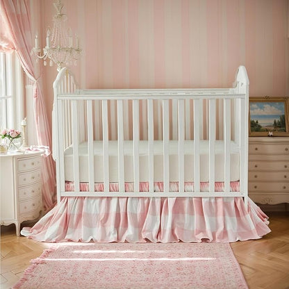 Brandream Gingham Gathered Crib Skirt, Baby Boy, Baby Girl, Gender Neutral Crib Skirt, 100% Cotton, 4-Sided, Light Pink Plaid Gingham Toddler Bedskirt Farmhouse Chic Nursery Crib Bed Skirt Dust Ruffle