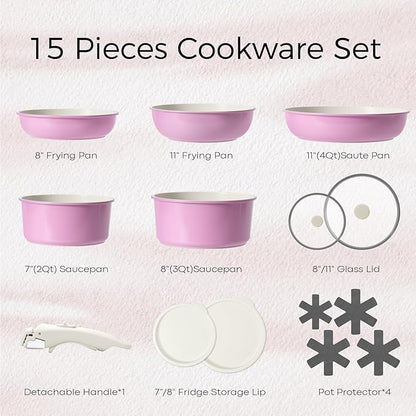 15Pcs Pots and Pans Set Non Stick, Cookware Sets with Detachable Handle, Nonstick RV Kitchen Cooking Tools Removable Handles, Oven Safe, Induction Fast, Stackable Induction Cookware, Pink