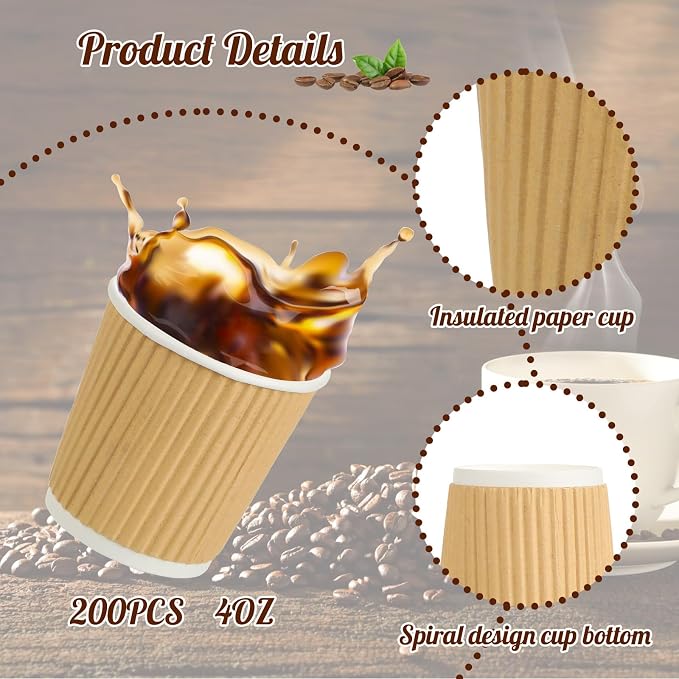 200 Pcs 4oz Paper Espresso Cups Ripple Wall Hot Cups