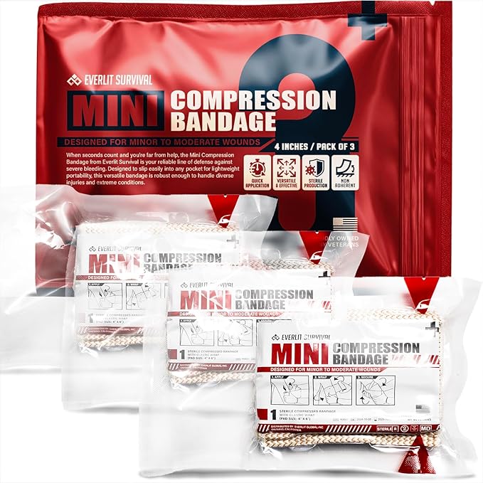 EVERLIT Mini 4 x 6 Inch Emergency Bandage Compression Trauma Pressure Wound Dressing Sterile Vacuum-Sealed for Bleeding Control, Gun Shot, Medical Kit, First Aid IFAK (3)