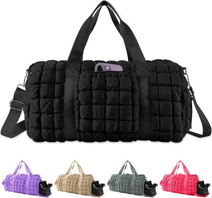 Quilted Travel Duffle Bag Gym Bag for Women,Large Puffer Duffle Weekender Bag with Compartment,Workout Overnight Carry on Organizer Bag Duffle Bag for Airplane Travel(Black)