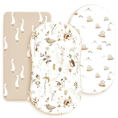 GRSSDER Stretchy Ultra Soft Fitted Bassinet Sheets 3 Pack, Universal Fitted for Oval Rectangle Bassinet Mattresses Safe and Snug, Stylish Bassinet Sheet Gender-Neutral Print for Baby