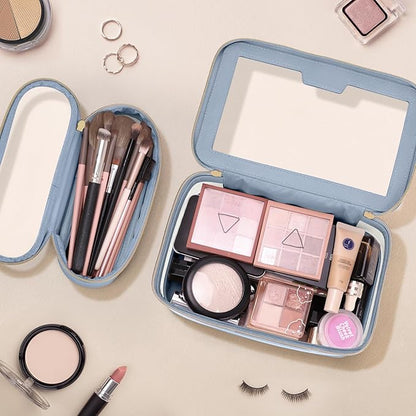 Travel Clear Makeup Bag with Makeup Brush Bag, Leather Makeup Case Toiletry Bag, Portable Cosmetic Bag Case, Transparent Waterproof Cosmetic Organizer Storage Bag for Women, Blue