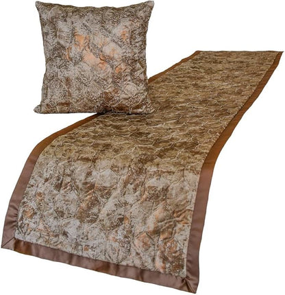 The HomeCentric King/Queen/Twin Copper Decorative CA King 86"x18" Bed Runner with 2 Pillow Cover, Beaded & Foil Bed Scarf on Silk Fabric - Aranka