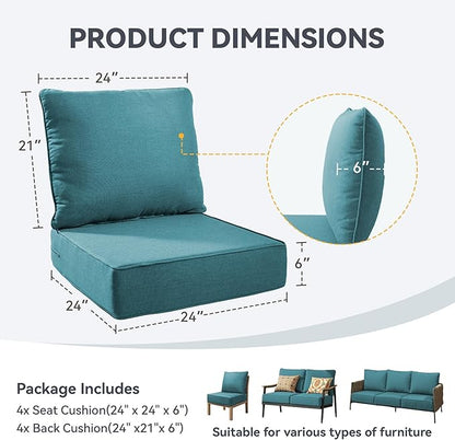 Outdoor Cushion Set for Furniture Patio Furniture, UV Resistant, Water Resistant - 6 Inch Thick Foam Garden Cushions– 24x24 Inch Patio Seat Covers for Chair/Sofa/Couch | Peacock Green | 4-Pack |