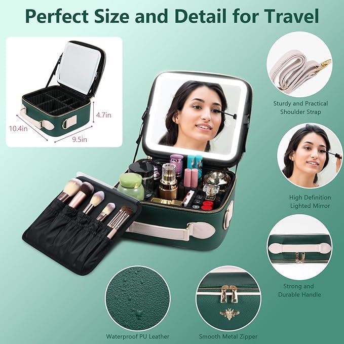 Travel Makeup Bag with Mirror of LED Lighted, Rechargeable Cosmetic Train Case Artist Makeup Organizer for Women with Adjustable Dividers, Makeup Brushes Holder and Strap (Green)
