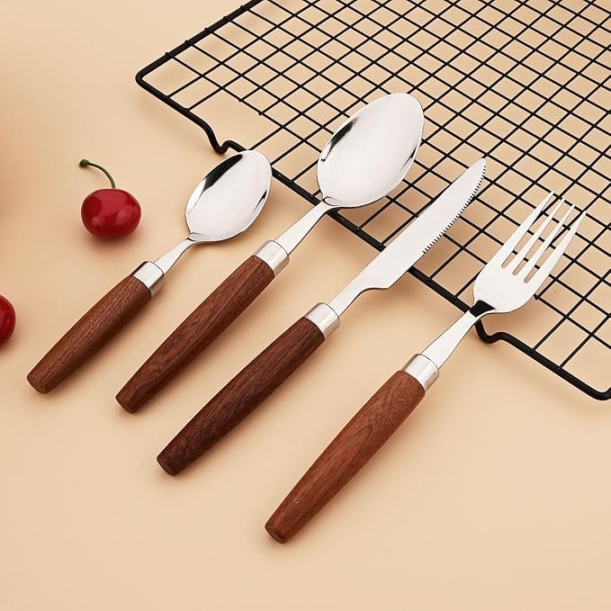 4-Piece Wooden Handle Silverware Set, BRIIEC 304 Stainless Steel Flatware Set