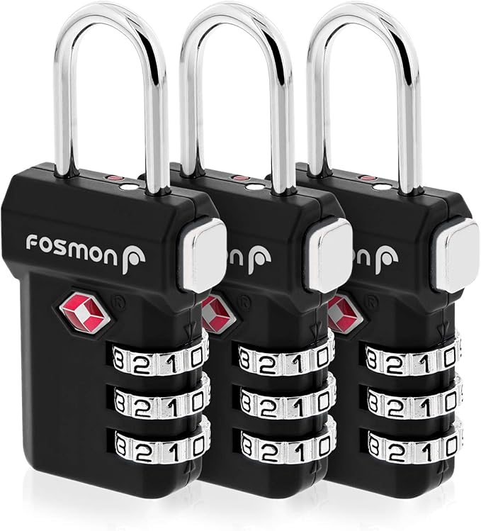 Fosmon TSA Approved Luggage Locks, Suitcase Travel Lock with Push Release Button for Extra Security, 3 Digit Combination Padlock for Gun Case Backpack Zipper Anti Theft Gym Locker - Black, 3 Pack