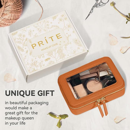 Prite Clear Makeup Bag Cosmetic Organizer Case Waterproof Travel Toiletry Bag Skincare Pouch with Golden Zipper(Brown)