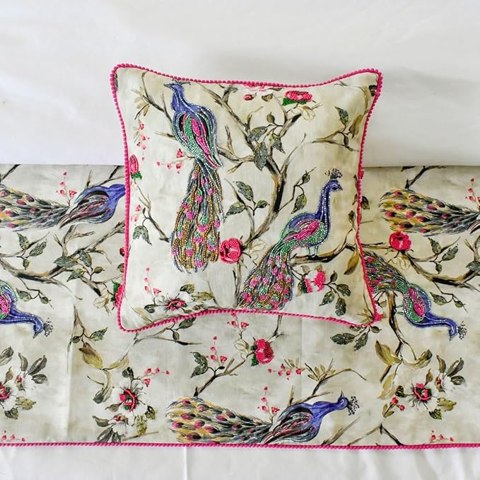 The HomeCentric King/Queen/Twin Pink & Purple Decorative Full 68"x18" Bed Runner with One Pillow Cover, Peacock, Beaded, Pom Pom Lace Bed Scarf on Cotton Fabric - Pavo Paradiso