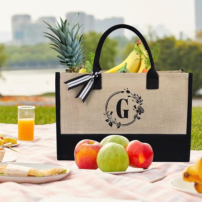 TOPDesign Personalized Initial Jute/Canvas Beach Bag, Monogrammed Gift Tote Bag for Women