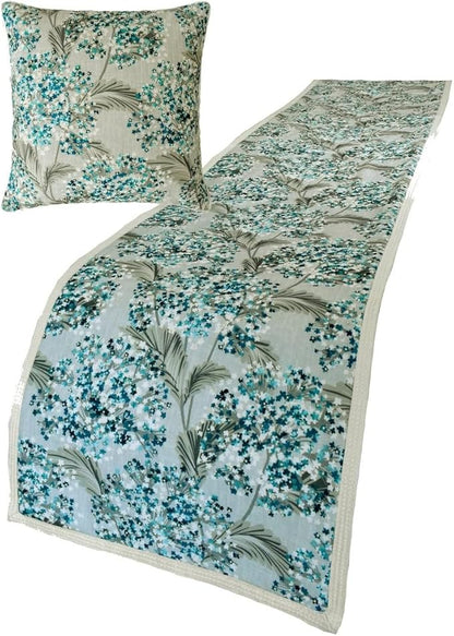 The HomeCentric King/Queen/Twin Blue Decorative CA King 86"x18" Bed Runner with One Pillow Cover, Cotton & Pearl Embroidery Bed Scarf on Cotton Fabric - Blue Star Fauna