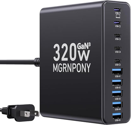 320W USB C Charger Block, 10-Port USB C Charging Station GaN III PD 65W PC Laptop Fast Charger Adapter for MacBook Pro/Air, DELL, iPad, iPhone, Samsung Galaxy Black