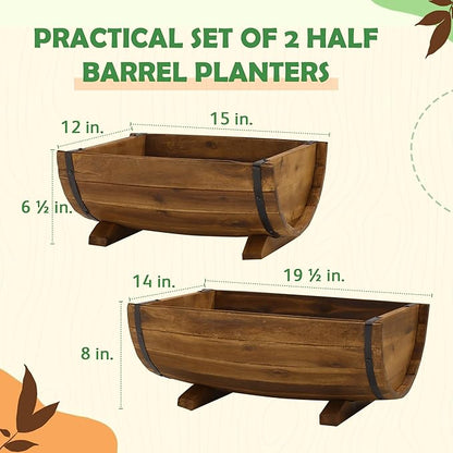 IDZO Solid Acacia Wood Half Barrel Planters Outdoor Set of 2 Different Sizes