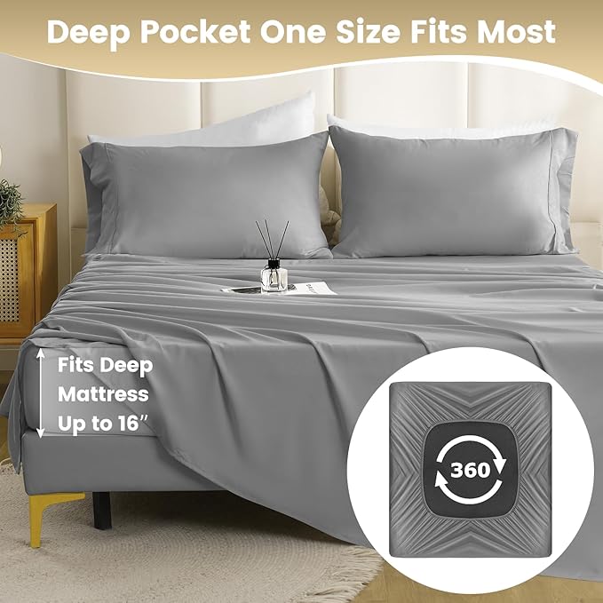 Cal King Size Sheet Set - 4 Piece Silky Soft Breathable Bed Sheet Set, 16" Deep Pocket Hotel Luxury Wrinkle Free Easy Care Bedding Sheets California King,Oeko-Tex-Light Grey