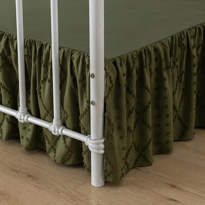 Bed Skirt King Size Ruffled Bed Skirt with Split Corners, 16 Inch Drop Dust Ruffle Bed Skirts with Platform, Boho Tufted Shabby Chic King Size Bed Skirts, Olive Green