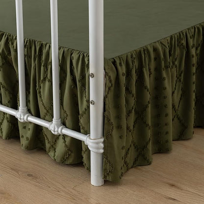 Bed Skirt King Size Ruffled Bed Skirt with Split Corners, 16 Inch Drop Dust Ruffle Bed Skirts with Platform, Boho Tufted Shabby Chic King Size Bed Skirts, Olive Green