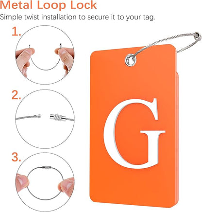 Gostwo 2 Pack Luggage Tags for Suitcases, 26 Initial Letter Travel Luggage Baggage Identification Labels ID Tag Fully Bendable Tags with Stainless Steel Loop (Orange) (Letter G)