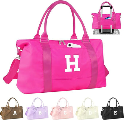 Overnight Bag for Kids Teen Girls Weekender Dance Bag Birthday Graduation Gifts,Initial Travel Duffel Bag Sports Gym Bag Personalized Weekender Bag Carry On Bags Preppy Gifts for Women(Hot Pink, H)