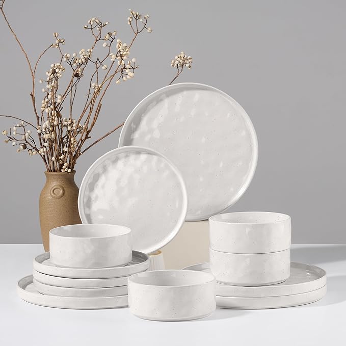HaWare Dinnerware Sets, 12-Piece Plates and Bowls Set, Speckled White |