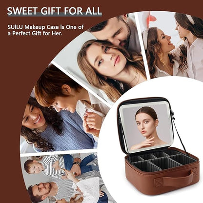 Makeup Bag with Led Mirror,Travel Makeup Organizer with 3 Color Setting, Portable Storage and Adjustable Dividers Travel Makeup Bag(Dark brown)