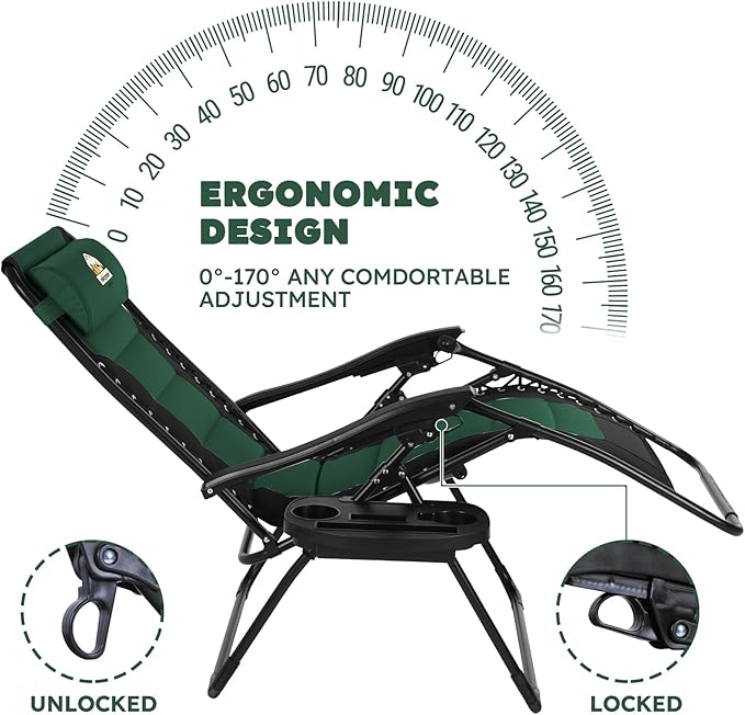 Oversized Padded Zero Gravity Lounge Chair Set of 2, Foldable Patio Anti Gravity Reclining Chairs Folding Lawn Recliner with Cup Holder for Yard, Camping, Outdoor, Support 350 LBS, Green