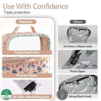 PACKISM Clear Makeup Bag - 2 Pack TSA Approved Toiletry Bag with Handle and 180° Large Opening, Clear Toiletry Bag Fit Carry-on Travel Essential, Travel Bags for Toiletries, Nude Pink Ditsy Floral
