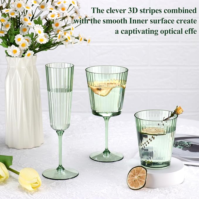 24 PCS Plastic Ribbed Drinking Glasses Green 10oz Vintage Ripple Stemless Wine