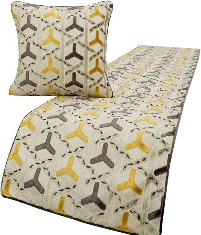 The HomeCentric King/Queen/Twin Grey & Yellow Designer Twin 53"x18" Bed Runner with 2 Pillow Cover, Beaded Bed Scarf on Velvet Fabric - Tripod