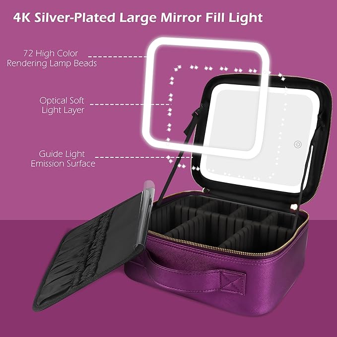 MOMIRA Travel Makeup Bag Cosmetic Bag Makeup Organizer Bag with Lighted Mirror, Adjustable Brightness in 3 Color Scenarios, Waterproof Makeup Train Case, Gift for Women - Brilliant Purple