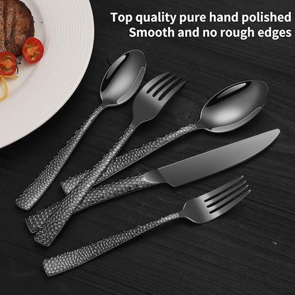 40-Piece Silverware Set, Black Hammered Stainless Steel Flatware Sets for 8, Food-Grade Tableware Set, Including Fork Knife Spoon Set, Durable Home Kitchen Cutlery Sets, Dishwasher Safe