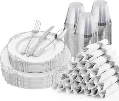 Bestluck 175PCS White Silver Disposable Dinnerware