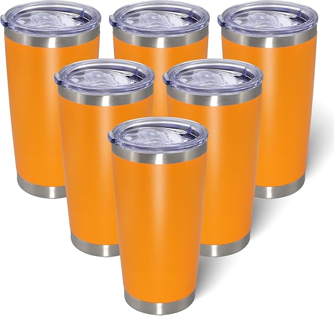 20oz Tumbler Bulk Stainless Steel Tumblers with Lid Vacuum Insulated Double Wall Travel Coffee Mug Powder Coated Tumbler Cup for Hot and Cold Drinks(Orange, 6 pack)