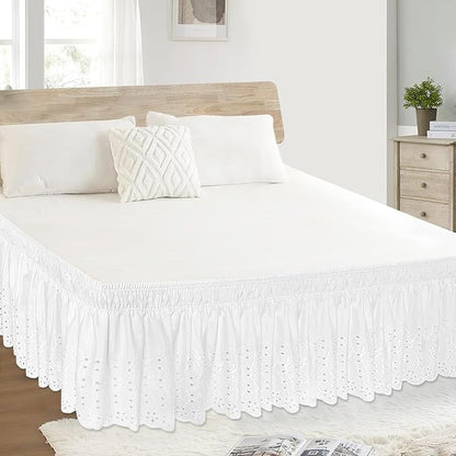 Twin Bed Skirt, Wrap-Around Elastic Ruffled Eyelet Bed Skirt Twin Size Dust Ruffle with Gathered Styling and Embroidered Details, 18" Drop Length (White)