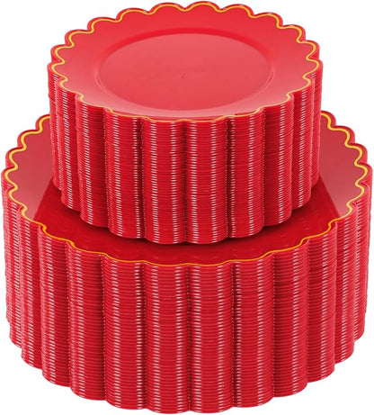 LIYH 100 Red Scalloped Plastic Disposable Plates