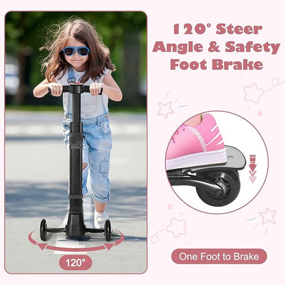 iubest Luggage Carry On Scooter Suitcase for Kids Age 4-15, Detachable & Foldable 4 in 1 Suitcase, Multifunctional Ride On Travel Trolley Scooter Combo-Pink