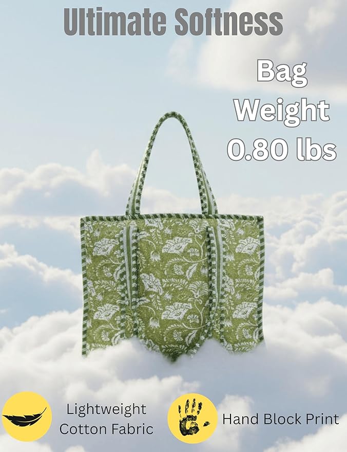 Cotton Quilted Tote Bag for Women – Large Beach & Travel Tote with Zipper, Reusable Grocery Bag